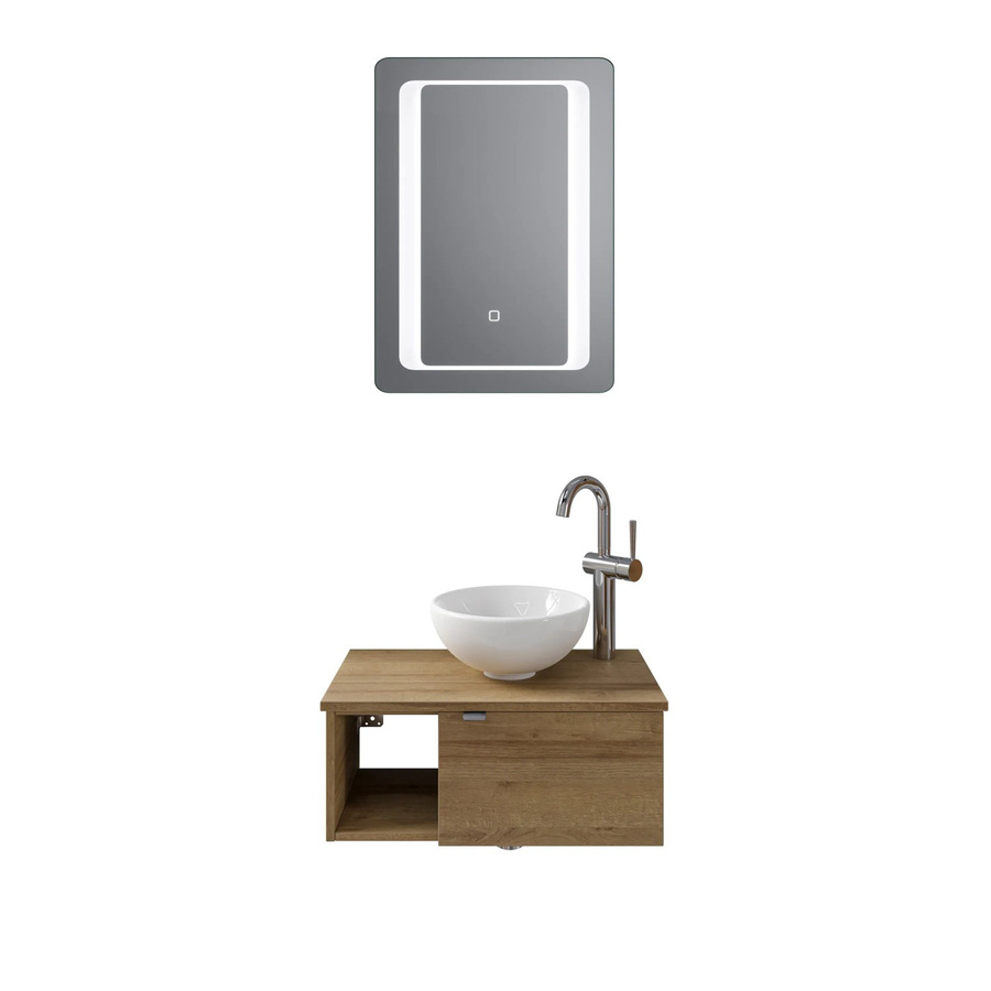 Pelipal Badmöbel-Set Serie 6915 Riviera Eiche mit Keramik Aufsatzbecken, Waschtischunterschrank und Funktionsspiegel mit LED-Beleuchtung und Sensor-Schalter, Breite: 61 cm - Bild 2