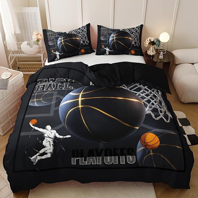 Binchi Basketball Bettwäscheset aus Mikrofaser in Schwarz, bestehend aus 1 Bettbezug und 2 Kissenbezügen, B/H: 200 x 200 cm - Bild 1