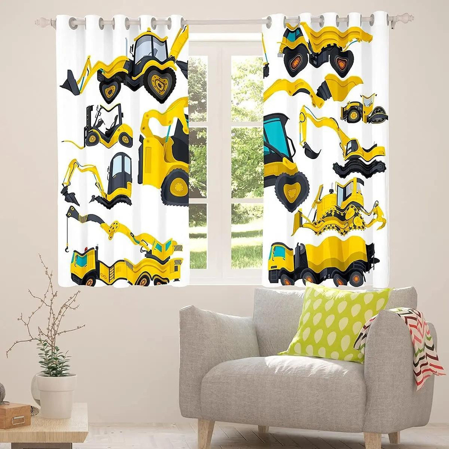 2er-Set Fenstervorhänge von Yiran Furniture mit Bauwagen-Motiv für Kinder, halbtransparent, Polyester, B/H: 60 x 60 cm - Bild 2