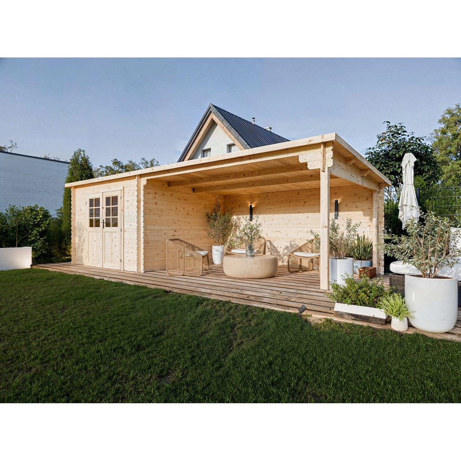 Woodtex Gartenhaus Blockbohlenhaus CA2978 mit 4 m Anbau, Naturbelassen, Braun/Beige, Bohlenstärke: 28 mm - Bild 2