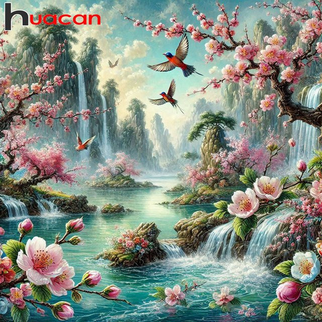 Huacan Rundes Diamantgemälde Landschaft mit Wasserfall und Blumen in Mehrfarbig, Durchmesser: 20 cm - Bild 1