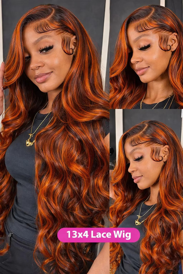 Duoxuan Lace Front Perücke, Echthaar, Ombre Body Wave, Ingwer-Orange-Braun - Bild 4