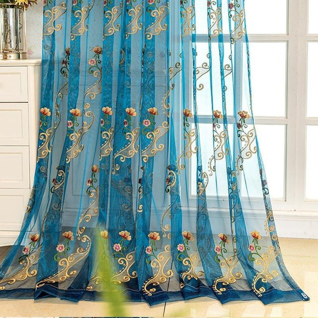 WTEMPO Raumteiler-Vorhang Blau, transparenter Spitzenvorhang mit floraler Bestickung, B/H: 300 x 270 cm - Bild 1