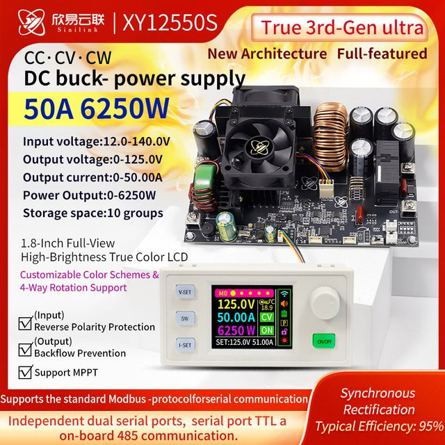 XY12550S Buck DC Digitales Netzteil 50A 6250W Einstellbarer Step-Down-Konverter MPPT CV CC CW 0-125V zu 12-140V in Schwarz - Bild 1