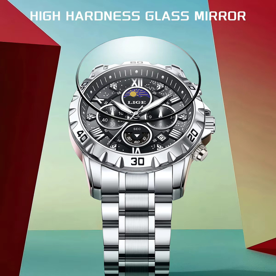 LIGE Armbanduhr Chronograph, Edelstahl, Quarz, Schwarz, Herren - Bild 4