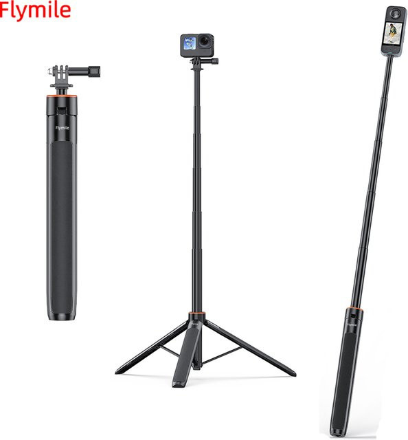 Flymile Ausziehbarer Stativ-Hand-Selfie-Stick für DJI Action 6/5 Pro, Pocket 3 und Insta 360, Tragbarer Ständer in Schwarz, 1,38 m Stange - Bild 1
