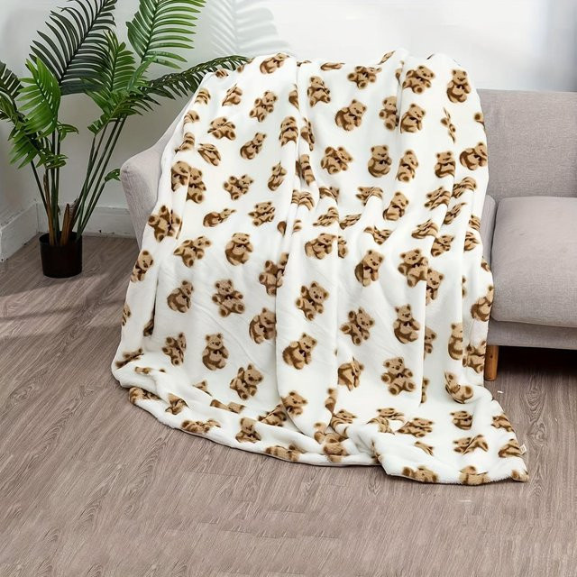 JMG Household Supplies Flanell Bären Decke mit niedlichem Bären-Print in Braun und Weiß, B/B: 70 x 100 cm - Bild 1