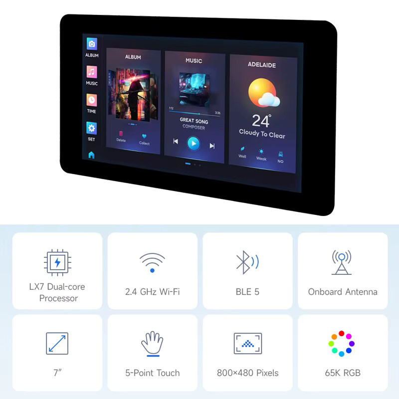 SHCHV ESP32-S3 7-Zoll-Touchscreen-Entwicklungsboard mit Xtensa LX7 Dual-Core-Prozessor, 8M Flash, WiFi und Bluetooth 5 in Schwarz - Bild 3