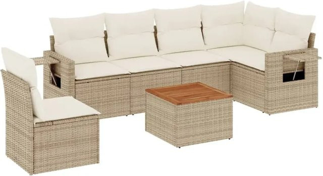 vidaXL 7-teilige Garten-Sofagarnitur in L-Form aus Polyrattan und Akazienholz mit Kissen in Beige und Cremeweiß - Bild 1