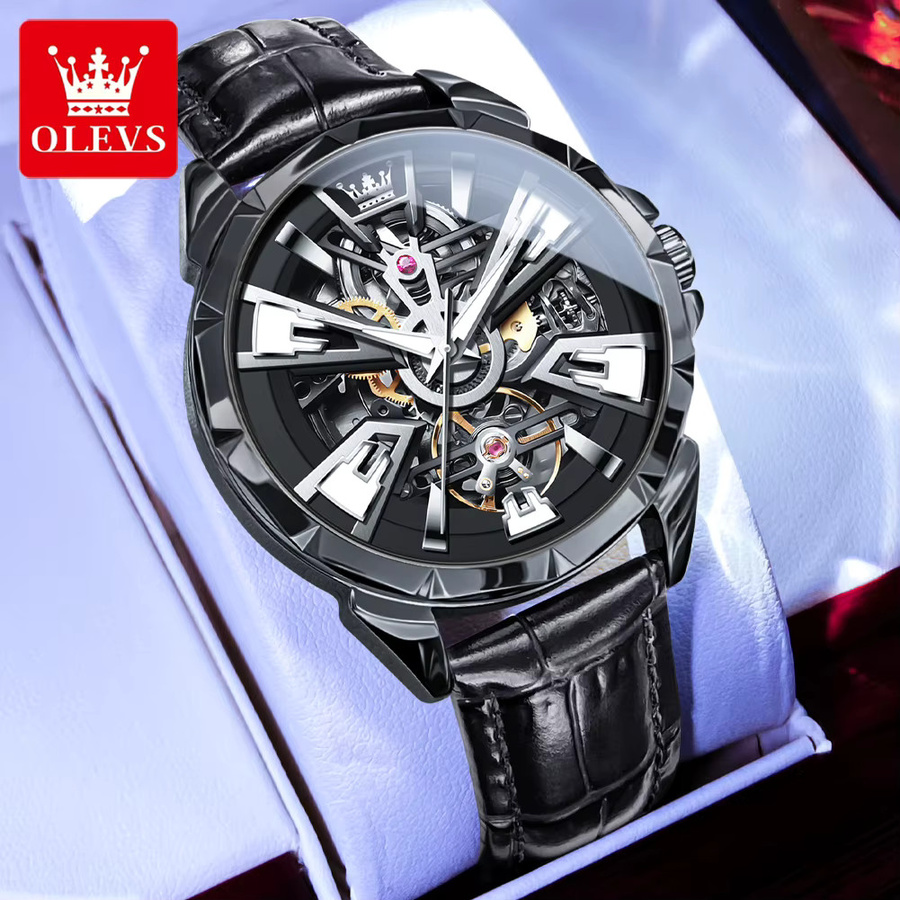 OLEVS Armbanduhr Automatik, Edelstahl, Leder, Schwarz, Herren - Bild 3