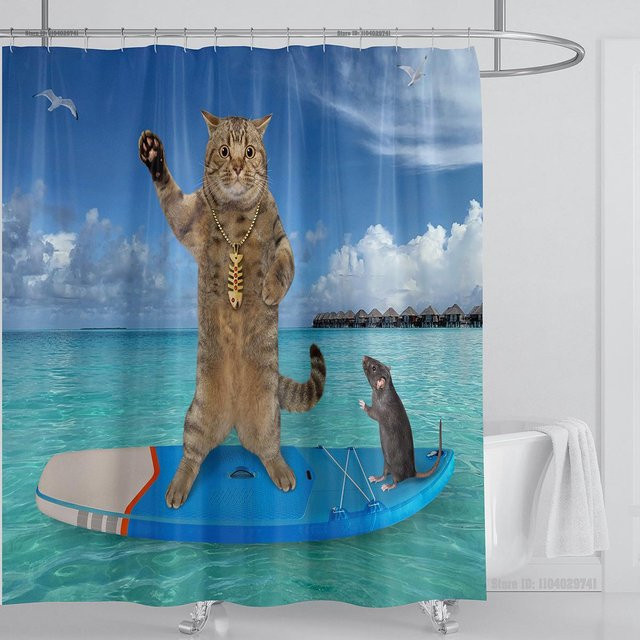 Wasserdichter Duschvorhang mit Katzen- und Hundemotiv von Household supplies MH in Blau, B: 90 cm, H: 180 cm - Bild 1