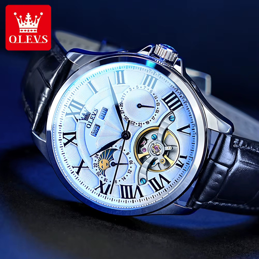 OLEVS Armbanduhr, Automatik, Mondphase, Leder, Herren, Silber - Bild 3