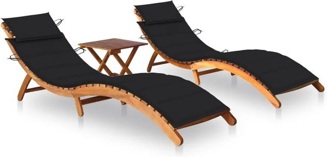 vidaXL Sonnenliegen Set aus 2 Stück mit Tisch und Auflagen aus Akazienmassivholz in Schwarz - Bild 1