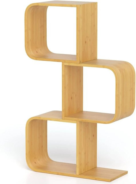 Costway Bücherregal aus Bambus in S-Form mit 3 Etagen, modern und freistehend, Farbe: Beige/Braun - Bild 1