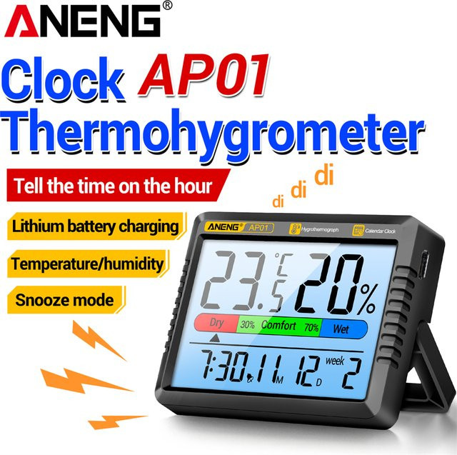 ANENG AP01 Digitales Thermohygrometer mit hochauflösendem Bildschirm und wiederaufladbarem Akku, Multifunktions-Luftthermometer in Schwarz oder Weiß - Bild 1