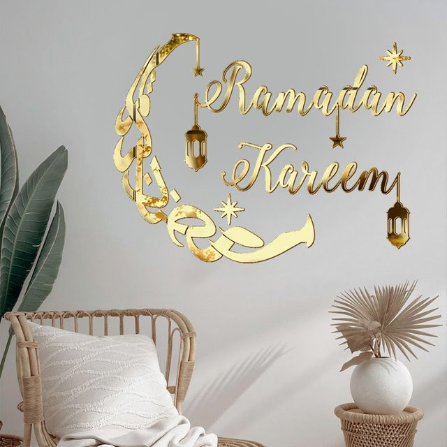 ZQNYCY Ramadan Kareem 3D Acryl-Spiegel Wandaufkleber Eid Mubarak Dekoration in Gold oder Silber - Bild 1