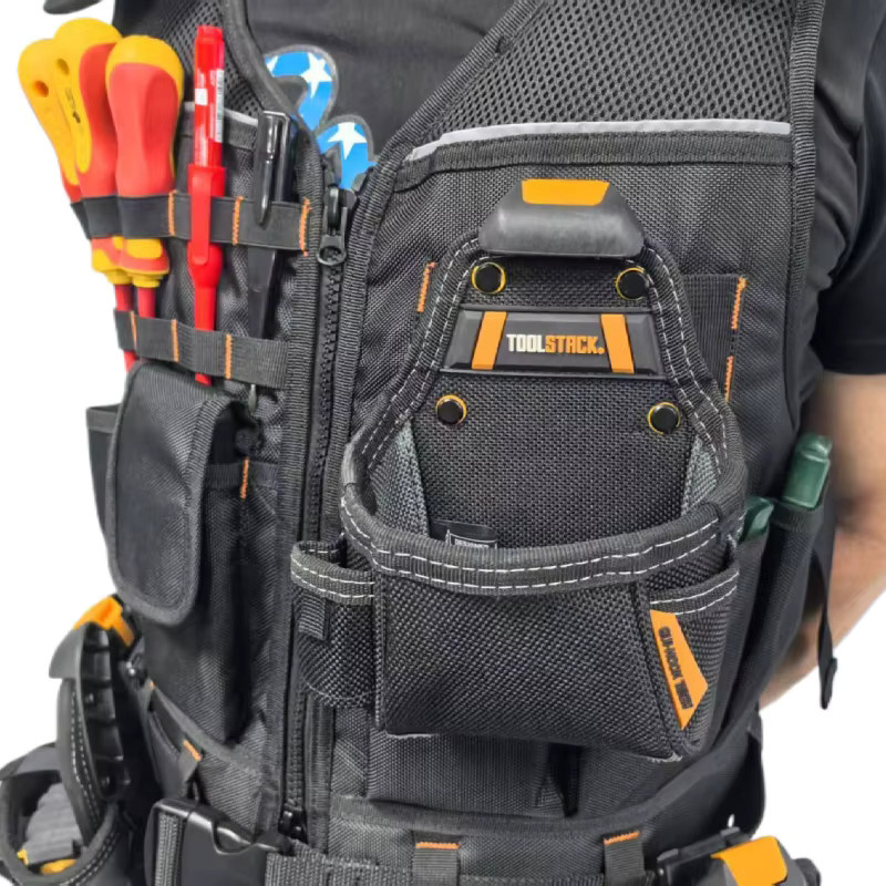 TOOLSTACK Arbeitsweste in Schwarz mit mehreren Taschen, langlebige und atmungsaktive Multifunktions-Bauweste für Elektriker - Bild 4
