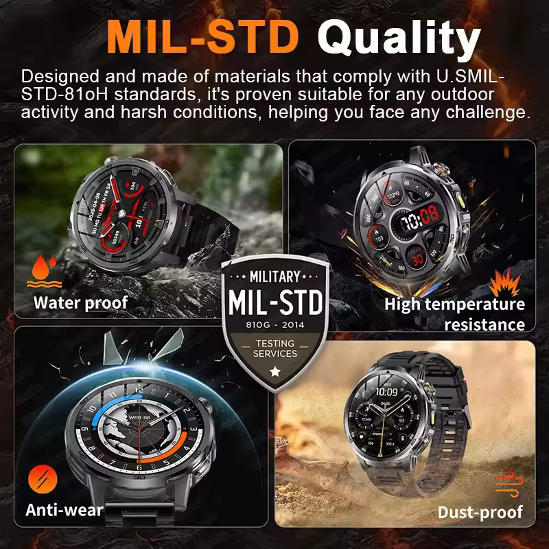 GUHUAVMI Military T-Rex 3 Smartwatch für Männer mit 1,85 Zoll HD-Bildschirm, wasserdicht, Anruffunktion und Taschenlampe in Schwarz oder Orange - Bild 2