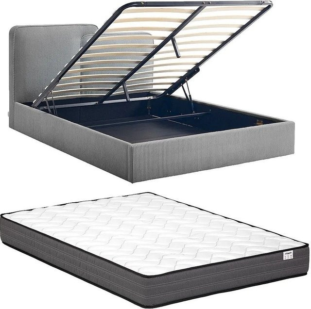 Vente-unique Bett Nayola mit Bettkasten in Grau aus Cord-Samt, B/T/H: 149 x 140 x 102 cm, Höhe: 201 cm - Bild 1