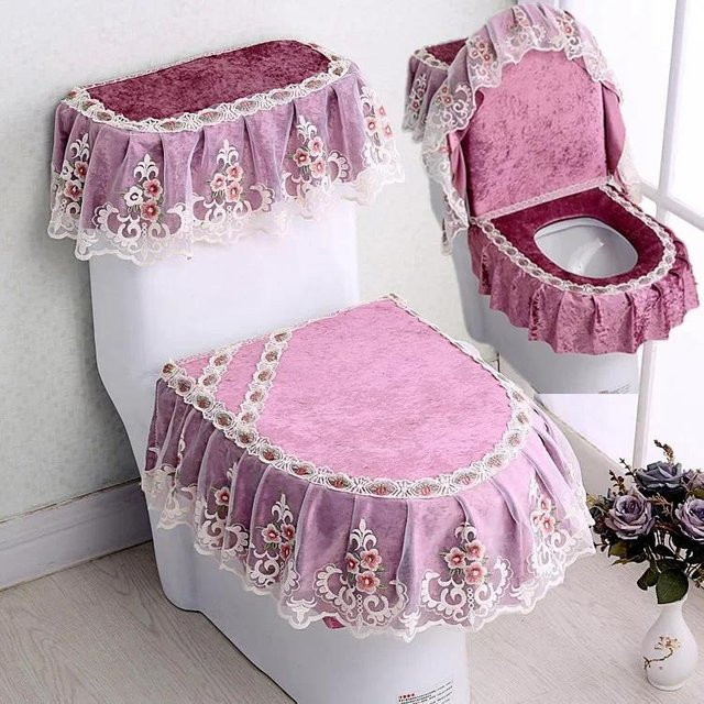 3-teiliges Toilettenmatte-Set Super Six aus Samt mit floraler Stickerei und Stoffspitze in Grau - Bild 1