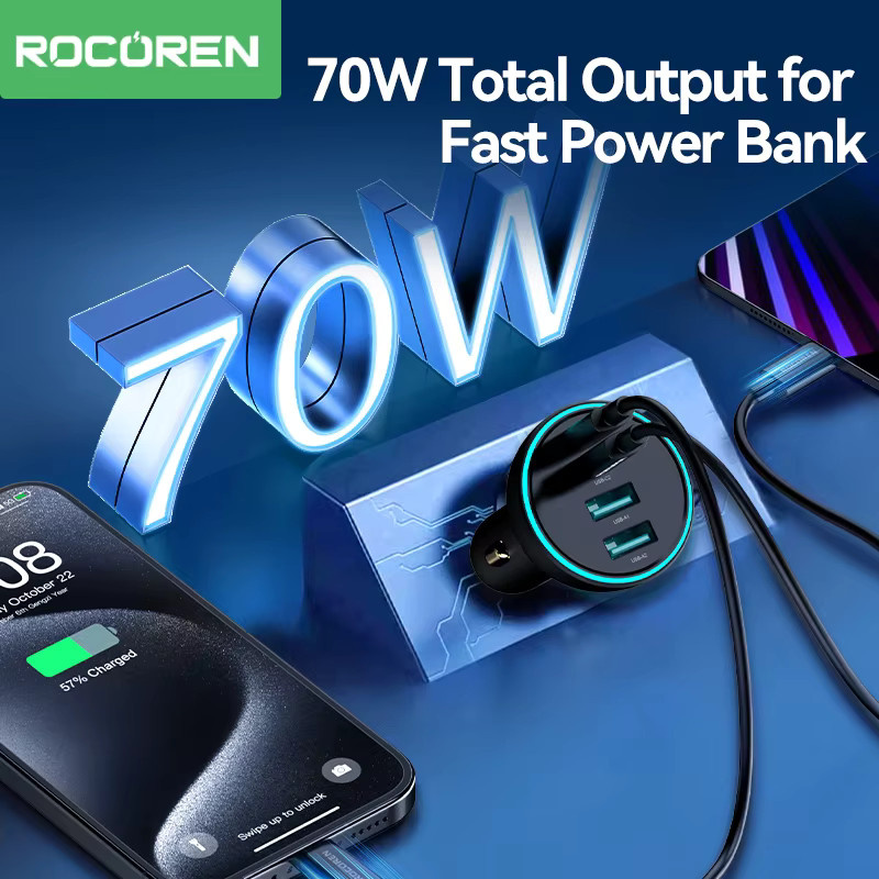 Rocoren 4-in-1 Autoladegerät 70 W mit USB Typ C, QC4.0 und PD3.0 Schnellladeadapter in Schwarz - Bild 3