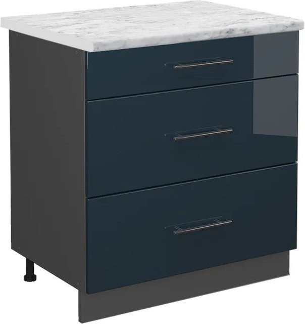 Vicco Küchenunterschrank Fame-Line Dunkelblau Anthrazit Hochglanz mit 3 Schubladen und Arbeitsplatte Weiß-Marmor B/T/H: 80 x 60 x 82 cm - Bild 1