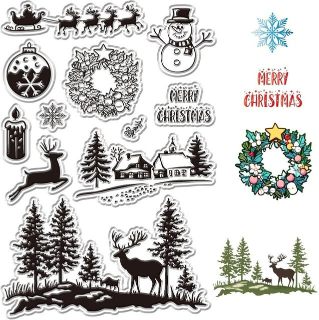 Transparente Gummistempel Set für Weihnachten mit Motiven wie Weihnachtsbäumen, Kränzen, Schneeflocken, Schneemännern und Elchen aus wiederverwendbarem Silikon - Bild 1
