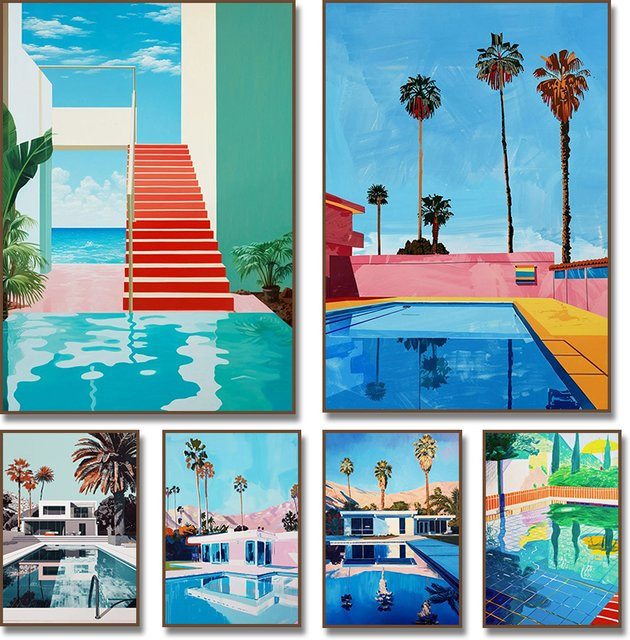 Pop-Art Meereslandschaft Poster von Potdemiel als Leinwanddruck in Pink und Multicolour mit tropischen Palmen und Pool-Motiv zur modernen Wanddekoration - Bild 1