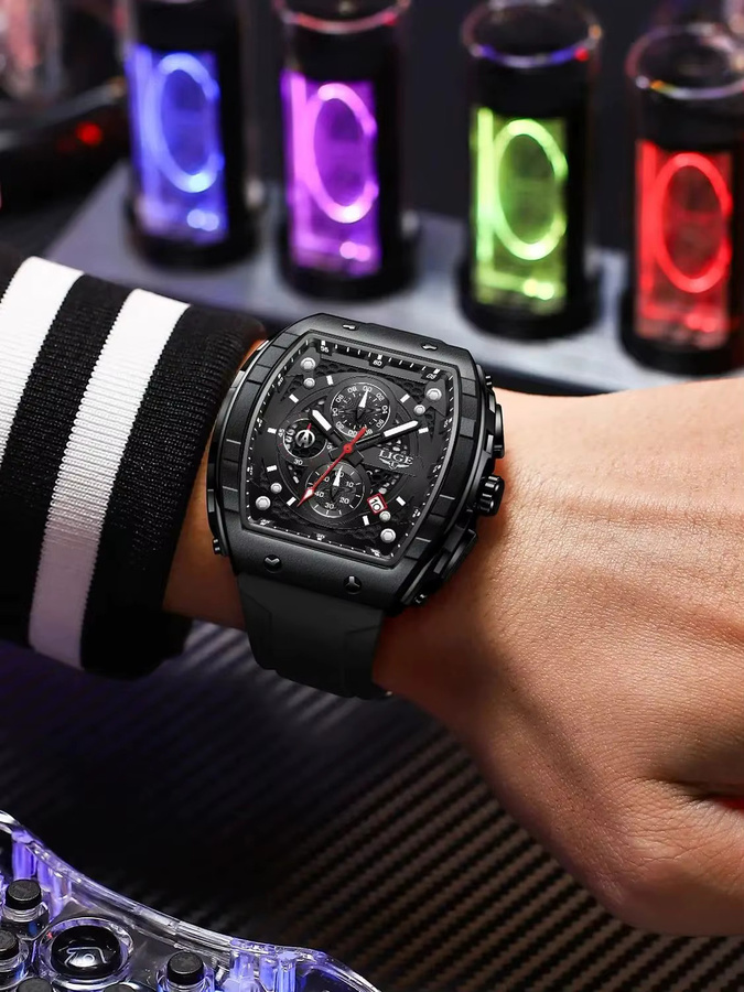 LIGE Armbanduhr, Chronograph, Quarz, Eckig, Schwarz, Silikon, Herren - Bild 6
