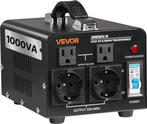 VEVOR Spannungswandler Transformator 1000 VA in Schwarz zur Konvertierung von 110 V auf 220 V und 220 V auf 110 V mit US- und EU-Steckdosen und Schutzschalter - Bild 1