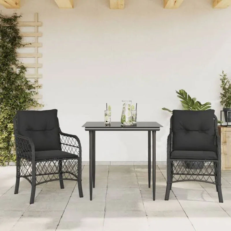 3-teiliges Bistro-Set aus Polyrattan mit Kissen und Glastisch in Schwarz von vidaxl - Bild 1