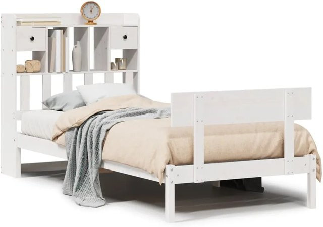 vidaXL Massivholzbett aus Kiefer mit Kopfteil und Regal in Weiß, B/T/H: 90 x 200 x 110 cm - Bild 1