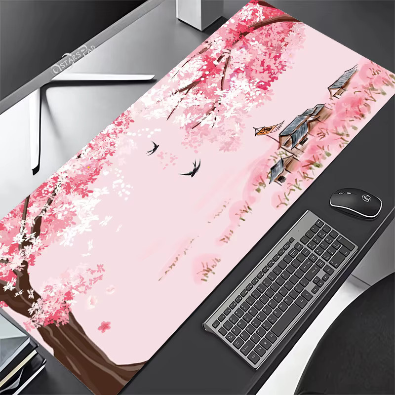 Kirschblüten-Mauspad in Pastellrosa mit niedlichem Sakura-Blumen-Design, XXL Gaming-Schreibtischunterlage - Bild 1