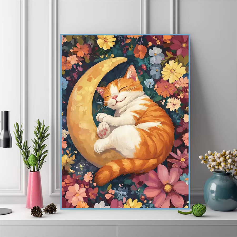 Momoart DIY Katzen-Diamant-Stickerei als Strass-Bild mit Blumen- und Mondmotiven in Multicolour, Breite: 30,0 cm, Höhe: 30,0 cm - Bild 3