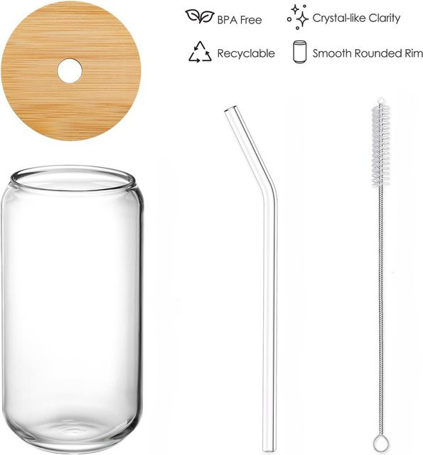 Yiran Furniture Cocktailzubehör Set mit Glasbechern, Bambusdeckeln und Glasstrohhalmen, beige, 400 ml - Bild 1