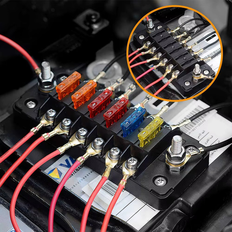 6-Wege-Sicherungsblock mit negativem Bus für Automobile, 12 V, Flachsicherungshalter mit wasserdichter Abdeckung und Etikettenaufklebern, Schwarz - Bild 4