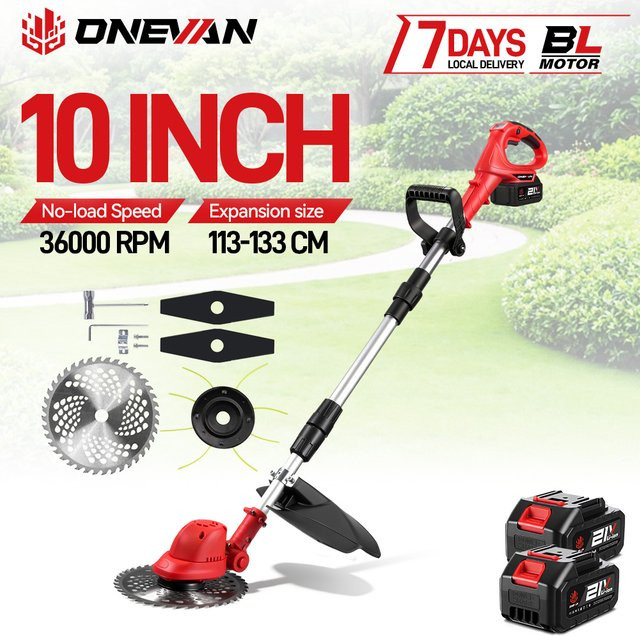 ONEVAN Bürstenloser elektrischer Rasenmäher 10 Zoll in Rot, kabelloser Gartentrimmer für Makita LXT 18V Akku, 36000RPM, Durchmesser: 25,4 cm - Bild 1