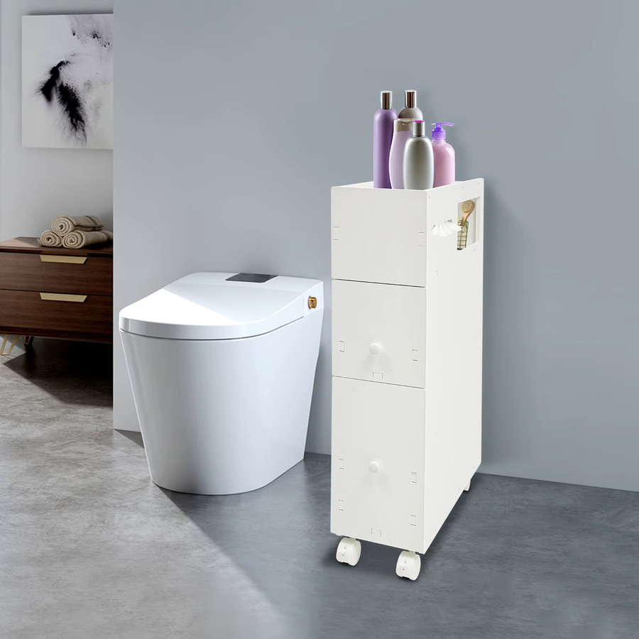 Bymaocar Badezimmer-WC-Aufbewahrungsschrank in Weiß, moderner freistehender Schrank mit Klappdeckel, Taschentuchbox, abschließbaren Schubladen und Türen - Bild 2