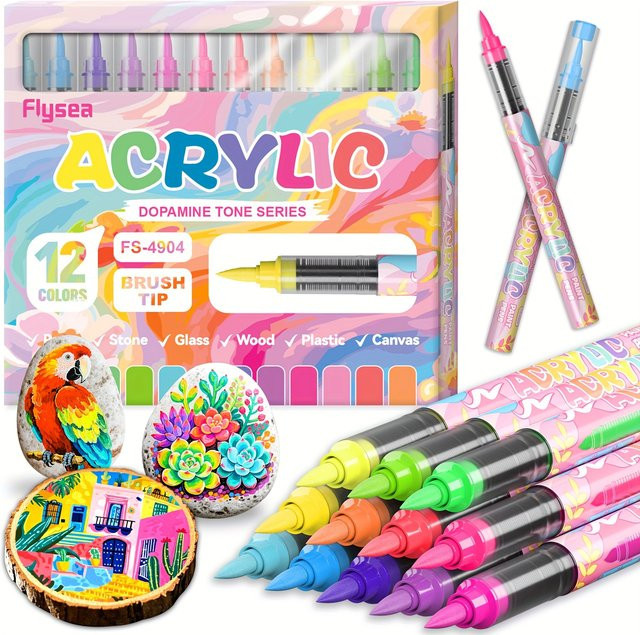 Kolorowys Acryl-Marker Set mit 12 Farben, Wasserbasierte Marker mit weicher Pinselspitze in Multicolour für Holz, Leinwand, Stein und Glas - Bild 1