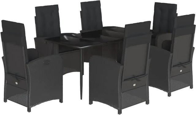vidaXL 7-teilige Garten-Essgruppe aus Poly-Rattan in Schwarz mit Kissen und Glastisch - Bild 1