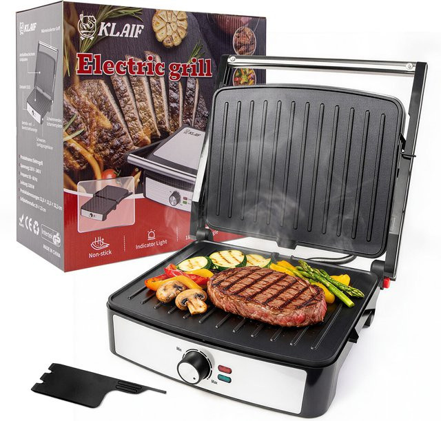 Klaif Kontaktgrill 2200W aus Edelstahl mit 180 Grad drehbarer Grillfläche und präziser Temperaturregelung für Panini und Steak - Bild 1