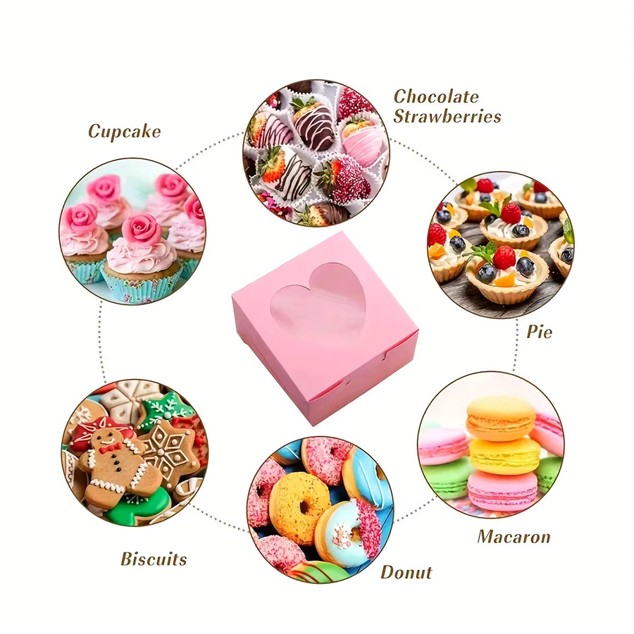 10 Stück kreative Dessertboxen aus Papier mit transparentem Fenster für Cupcakes und Gebäck in Rot und Pink - Bild 2