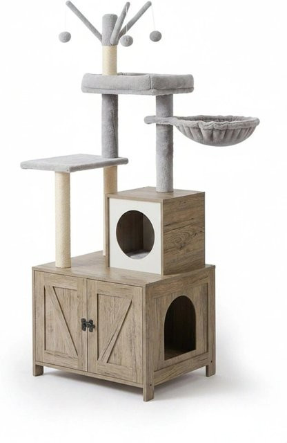 Relaxdays Kratzbaum aus MDF mit integriertem Katzenklo-Schrank und Spielzeug in Weiß, H x B x T: 150 x 60 x 49 cm - Bild 1