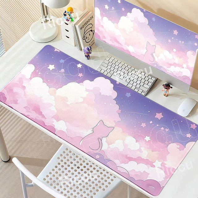 Riccu Gaming Mauspad mit Cartoon-Katze in Rosa, rutschfeste Schreibtischunterlage aus Naturkautschuk für E-Sport und Computer - Bild 1
