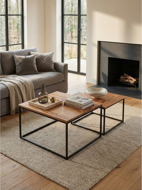 KADIMA DESIGN Couchtisch Set 2-teilig aus Akazie Massivholz und Metall in Braun im Industrial Style, B/T/H: 60 x 60 x 46 cm und 60 x 46 x 46 cm - Bild 1