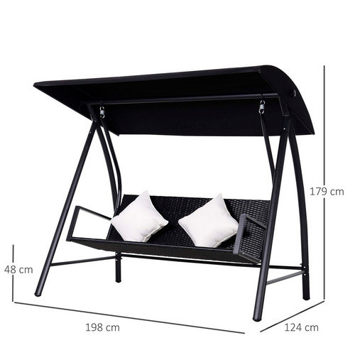 Outsunny 3-Sitzer Hollywoodschaukel aus Polyrattan und Metall in Schwarz mit Kissen und Sonnendach, B/H/L: 124 x 179 x 198 cm - Bild 6