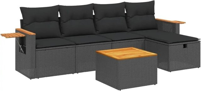 vidaXL 6-tlg Garten-Sofagarnitur aus Poly-Rattan und Akazienholz in Schwarz mit Kissen Modell 168 - Bild 1