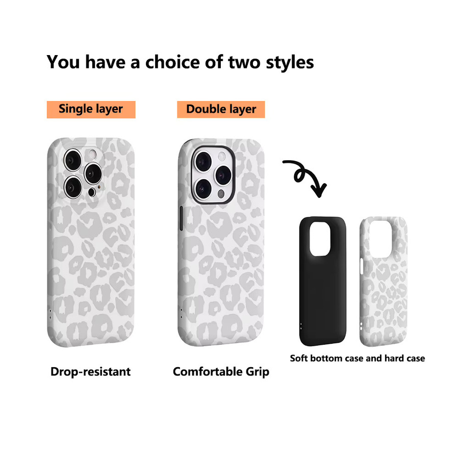 Hellgraue Handyhülle mit Leopardenmuster für Apple iPhone 17 16 15 14 13 12 11 Pro Max Plus mit doppelschichtiger Rückseite - Bild 2