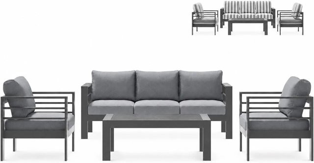 MeXo Gartenmöbel Set für 5 Personen aus Aluminium und WPC in Grau mit grau gestreiften Ersatzkissenbezügen - Bild 1