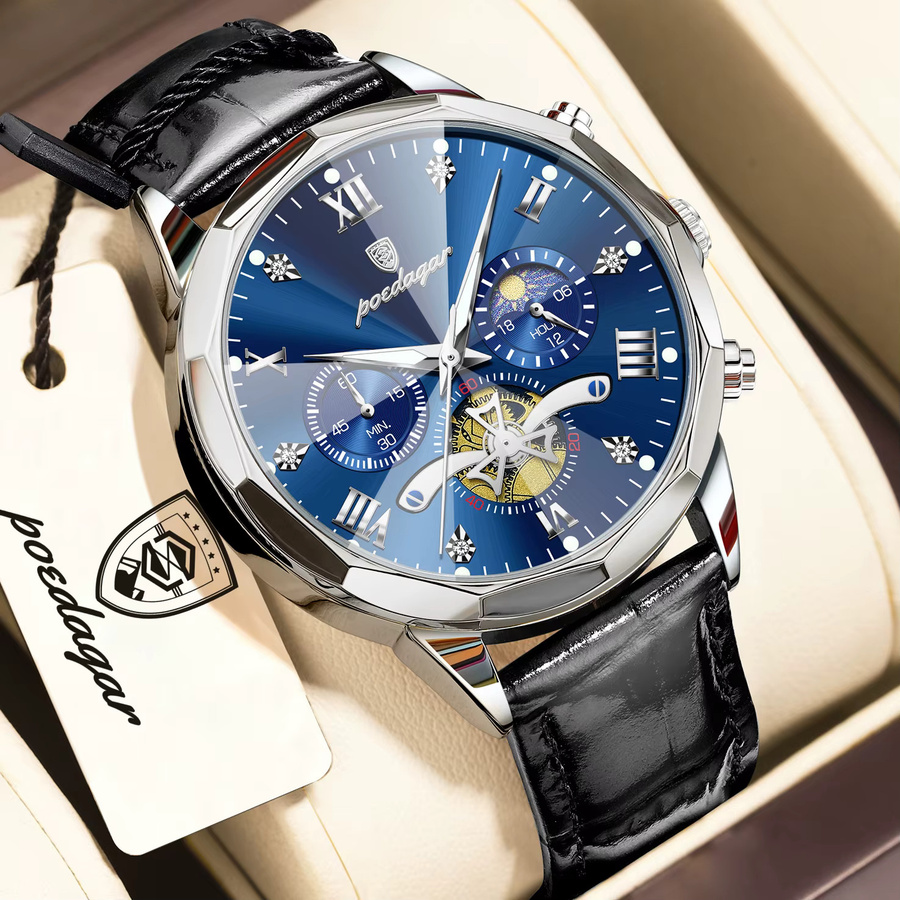 POEDAGAR Chronograph, Quarz, Leder, Blau, Herren - Bild 2